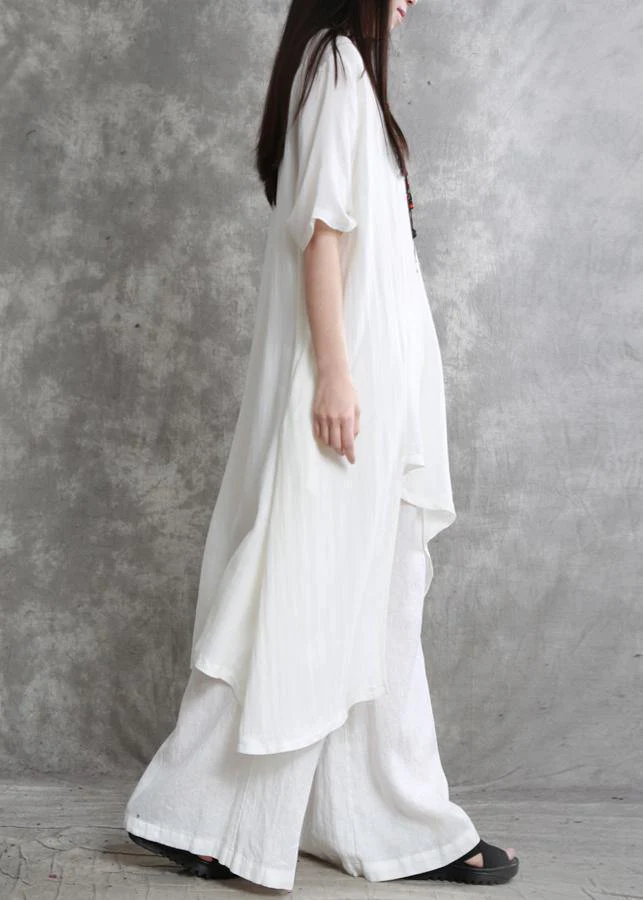 Original large size irregular cotton and linen suit female long section was thin white shirt wild wide-leg pants