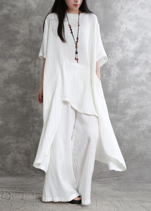 Original large size irregular cotton and linen suit female long section was thin white shirt wild wide-leg pants
