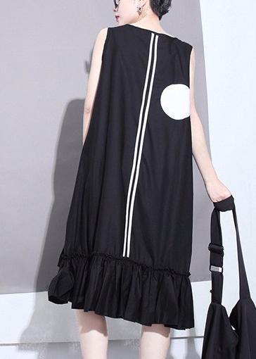 Summer Woman Black Sleeveless Large Dots Patches Ruffle Hem Straight Sundress