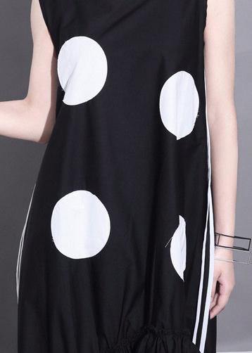 Summer Woman Black Sleeveless Large Dots Patches Ruffle Hem Straight Sundress