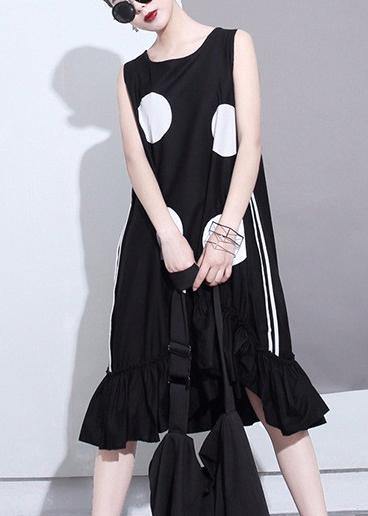 Summer Woman Black Sleeveless Large Dots Patches Ruffle Hem Straight Sundress