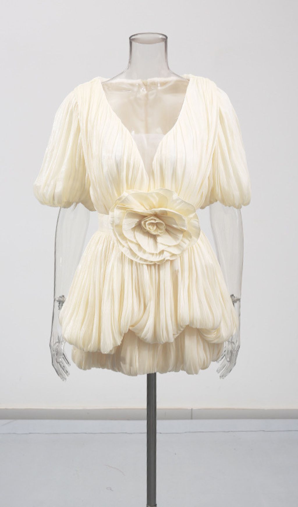 Evia V-Neck Pleated Flower Mini Dress