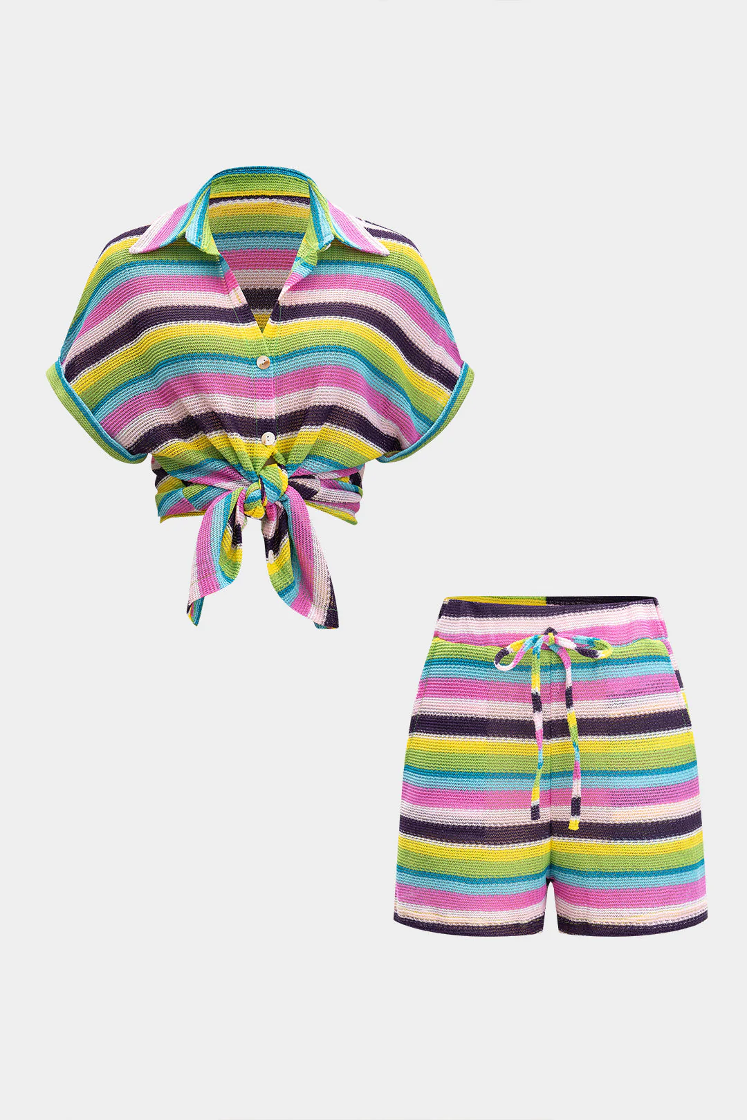 Knit Contrast V-Neck Top And Drawstring Shorts Set