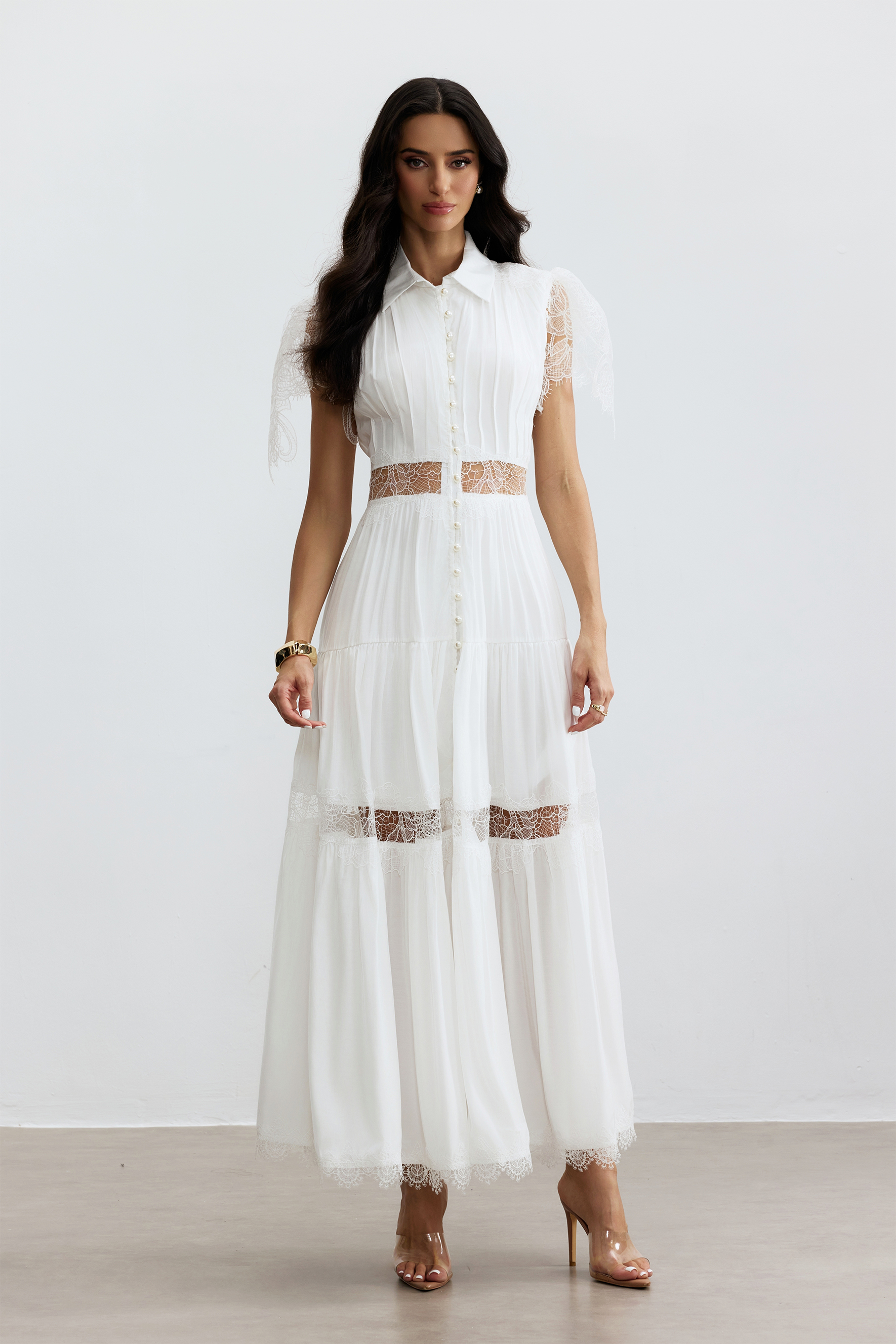 Lace Panel Button Front Maxi Dress