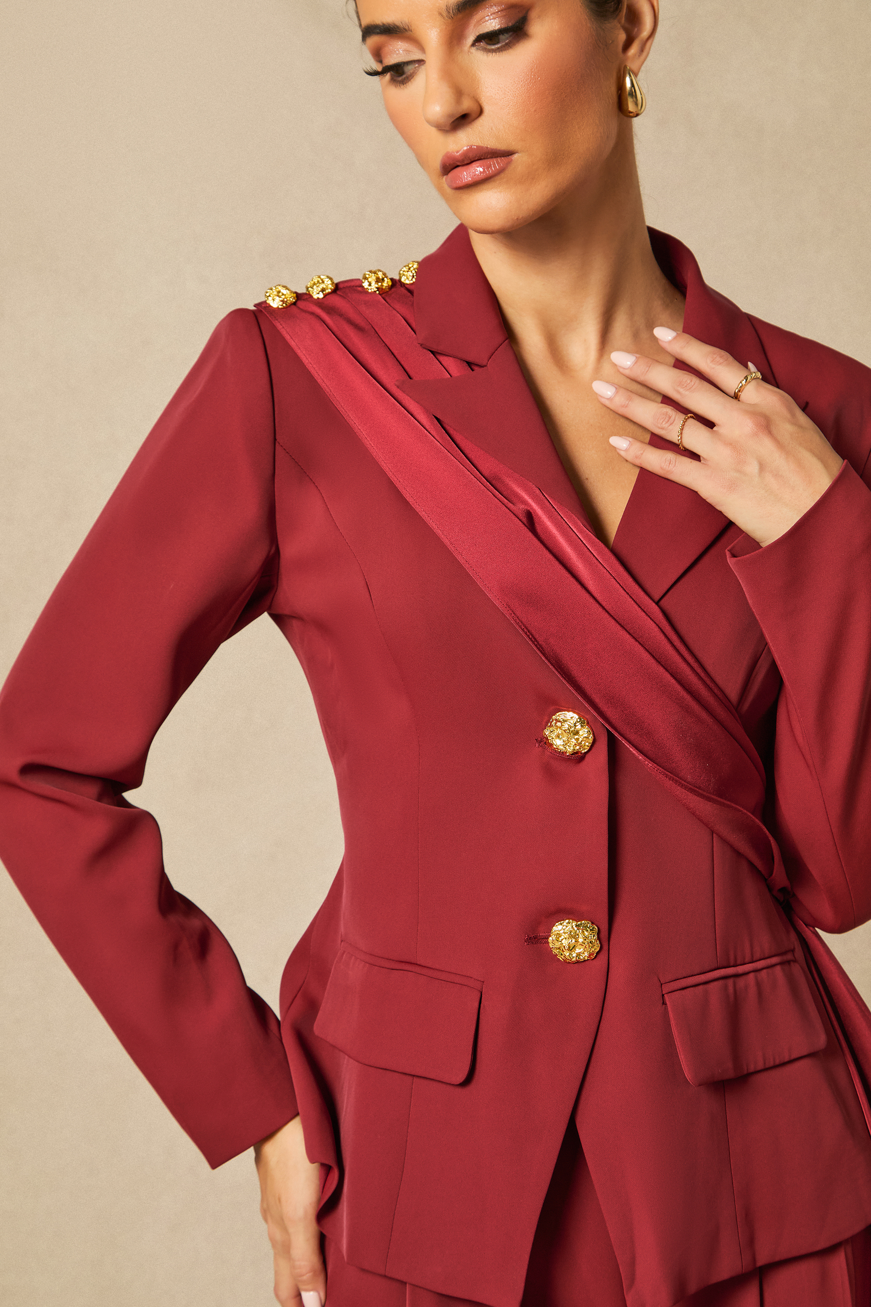 Chicness Burgundy Blazer & Wide-Leg Pants Set