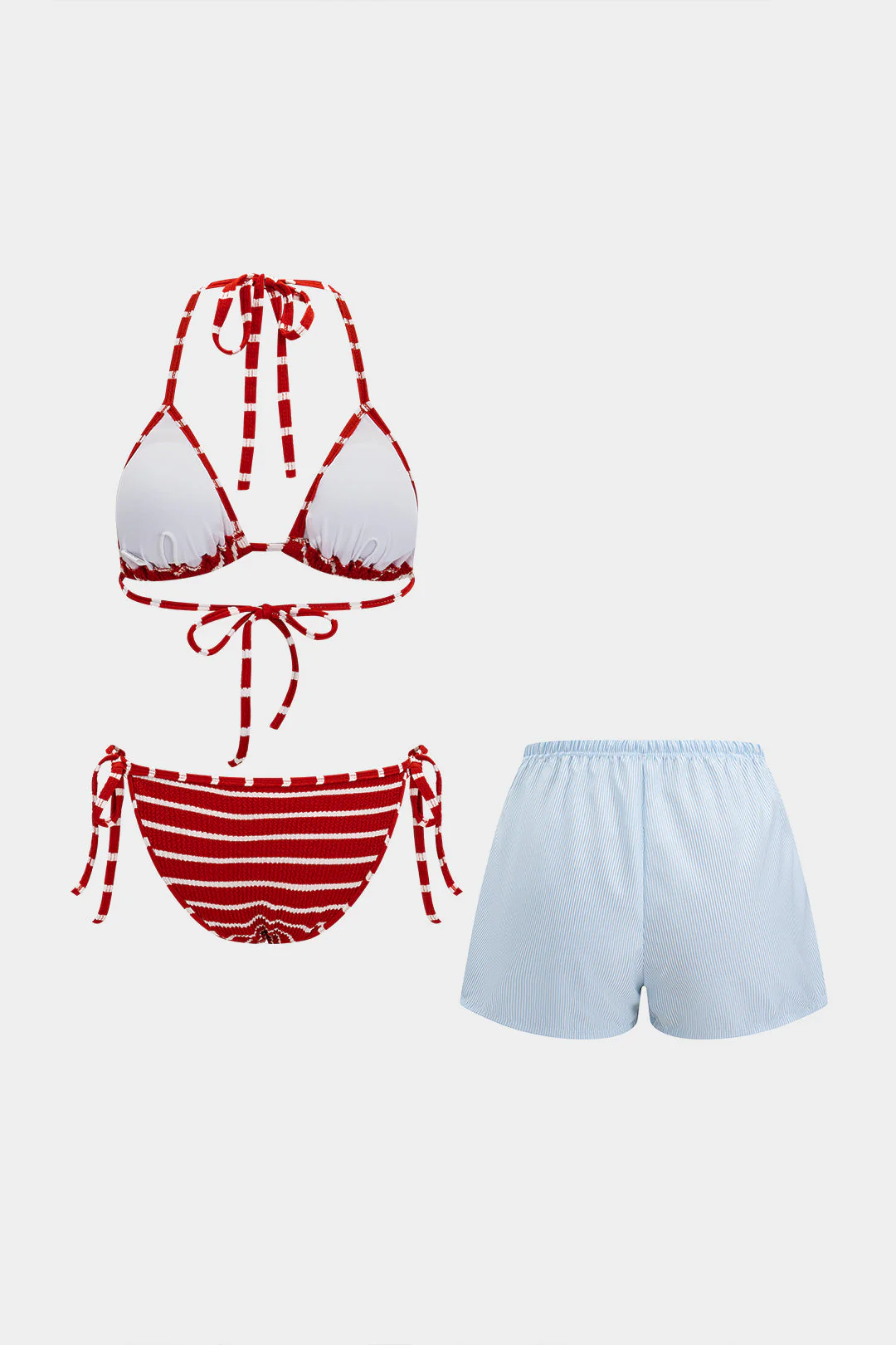 Stripes Print Drawstring Knotted 3-Piece Bikini Set