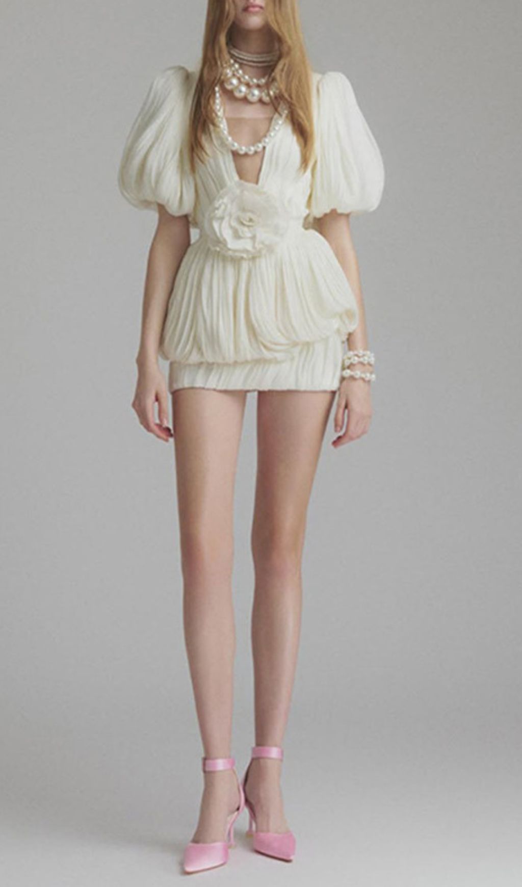 Evia V-Neck Pleated Flower Mini Dress