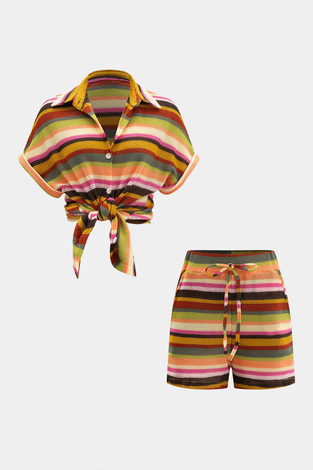 Knit Contrast V-Neck Top And Drawstring Shorts Set